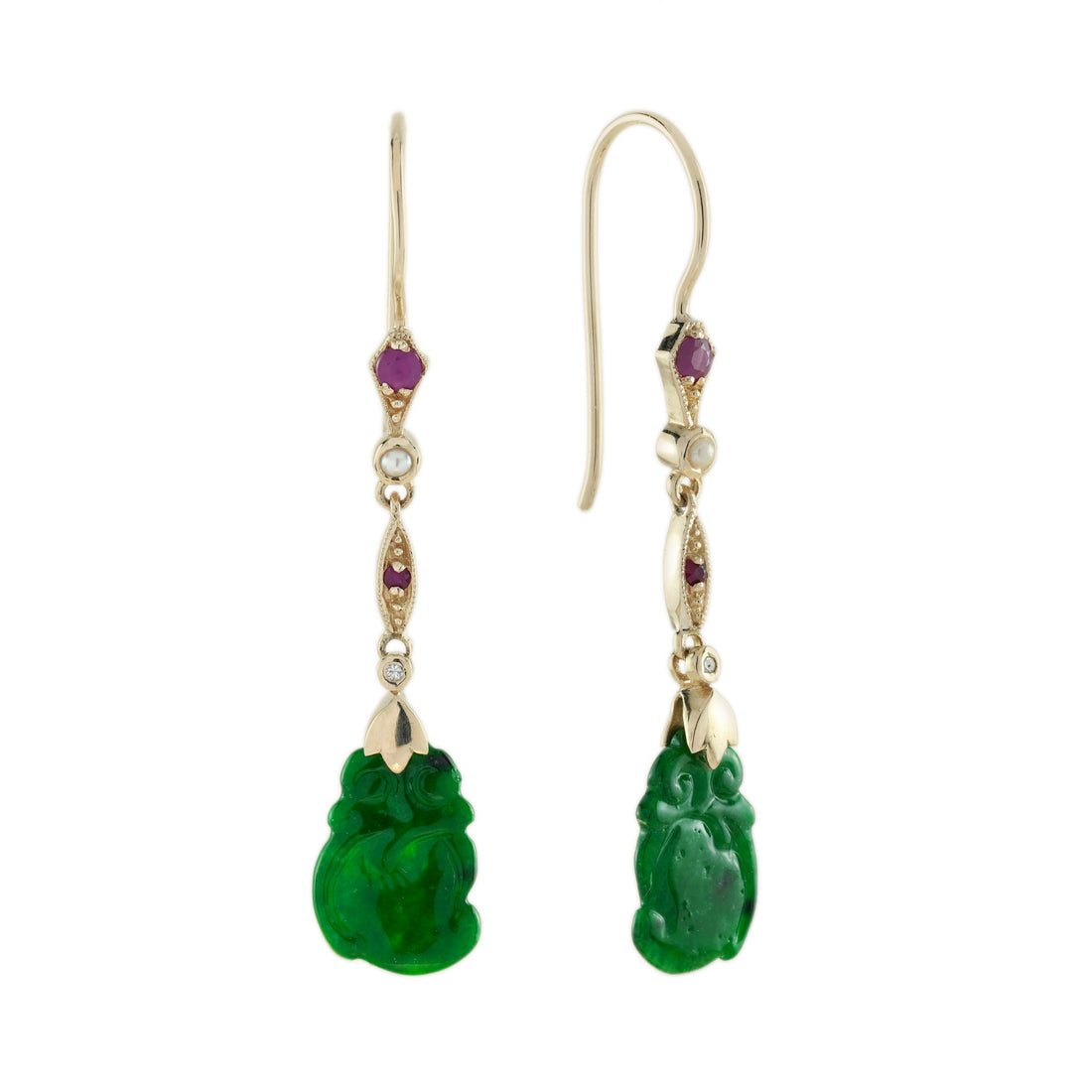 Carved Jade Pearl Ruby Diamond Vintage Style Dangle 9K Gold Earrings