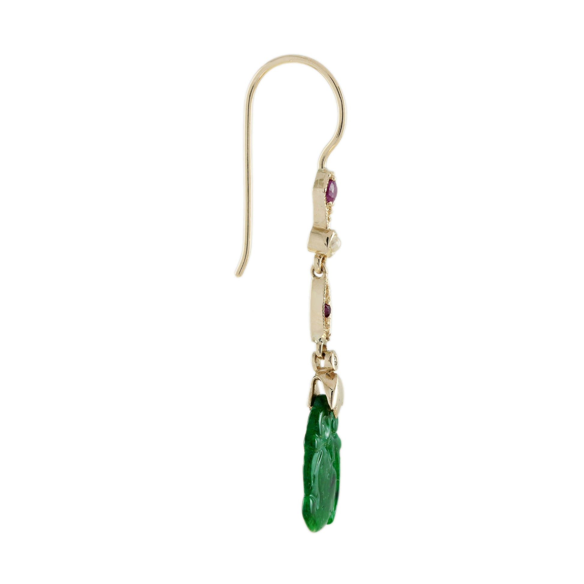 Carved Jade Pearl Ruby Diamond Vintage Style Dangle 9K Gold Earrings