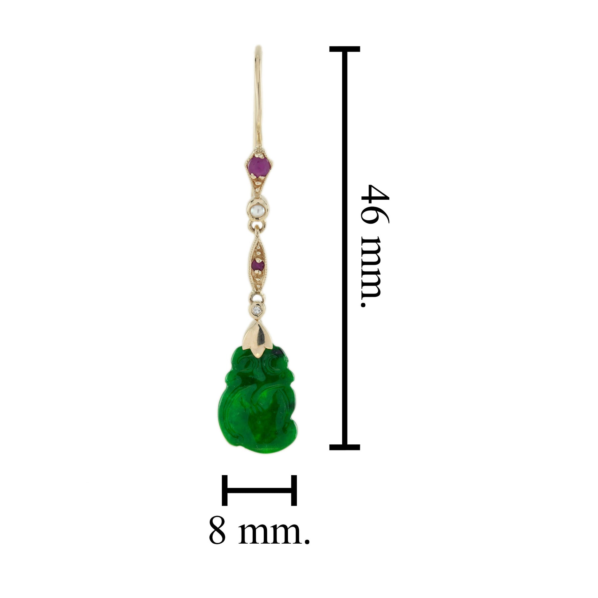 Carved Jade Pearl Ruby Diamond Vintage Style Dangle 9K Gold Earrings
