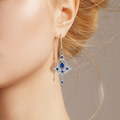 Blue Sapphire &amp; Diamond Edwardian Style Drop 14K White Gold Earrings