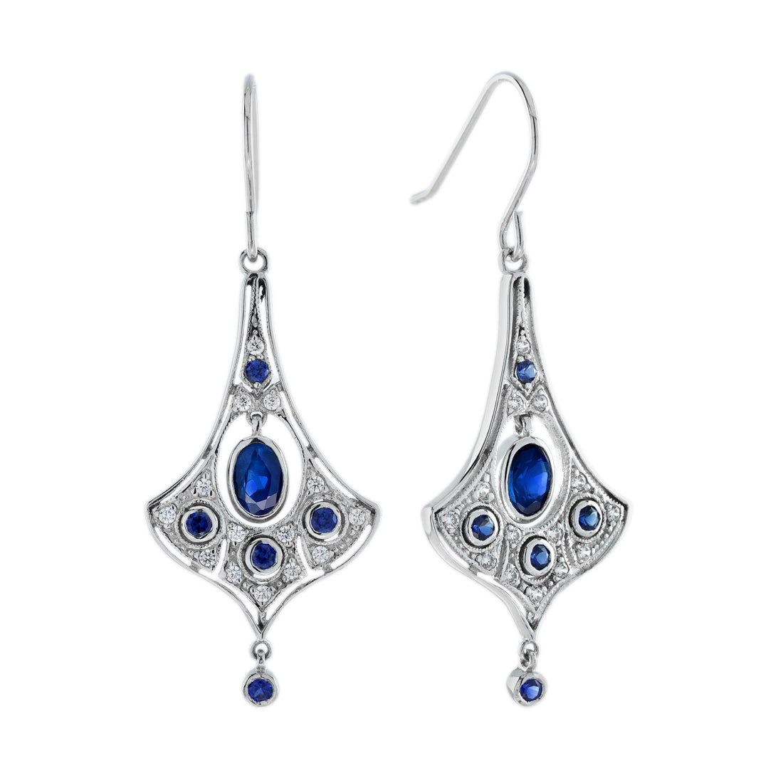 Blue Sapphire &amp; Diamond Edwardian Style Drop 14K White Gold Earrings