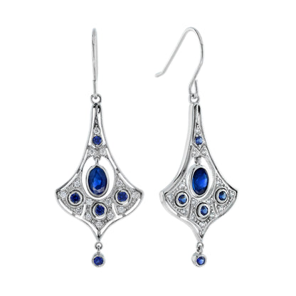Blue Sapphire &amp; Diamond Edwardian Style Drop 14K White Gold Earrings