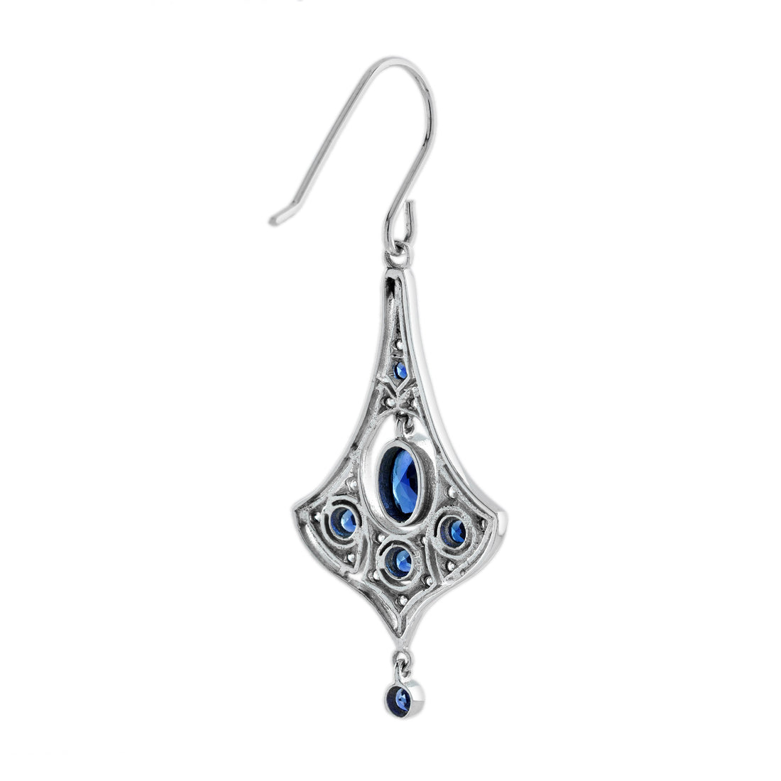 Blue Sapphire &amp; Diamond Edwardian Style Drop 14K White Gold Earrings