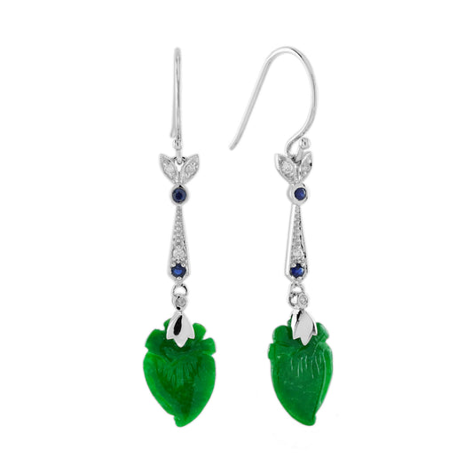 Peach Fruit Carved Jade Sapphire Diamond Vintage Style 9K White Gold Earrings