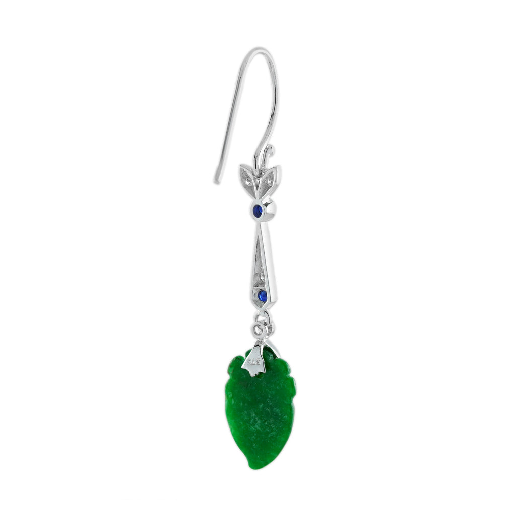 Peach Fruit Carved Jade Sapphire Diamond Vintage Style 9K White Gold Earrings