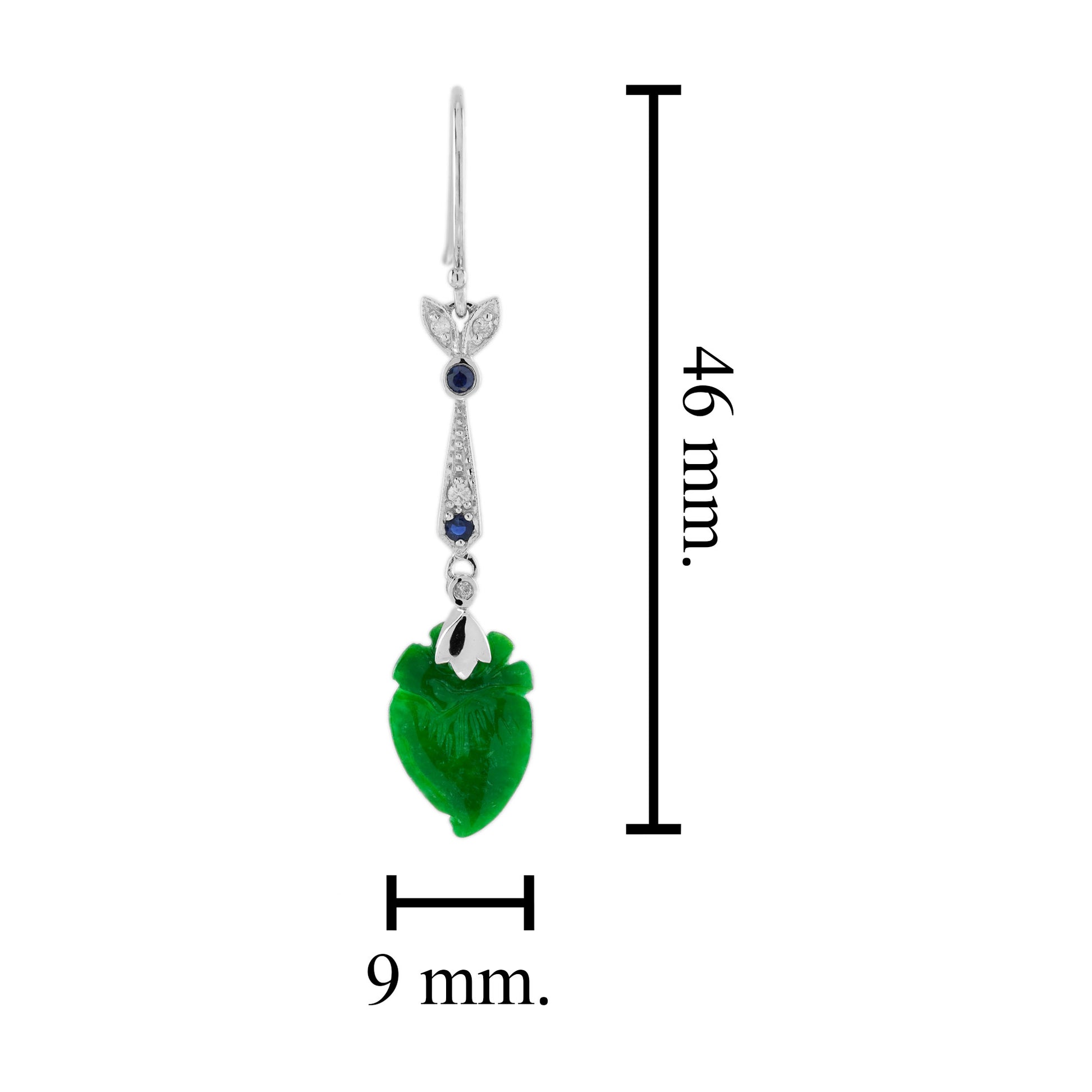 Peach Fruit Carved Jade Sapphire Diamond Vintage Style 9K White Gold Earrings