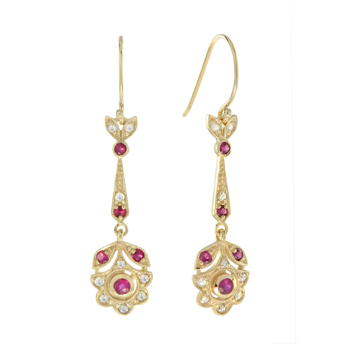 Red Pink Ruby & Diamond Vintage Style Floral Drop 14K Yellow Gold Earrings
