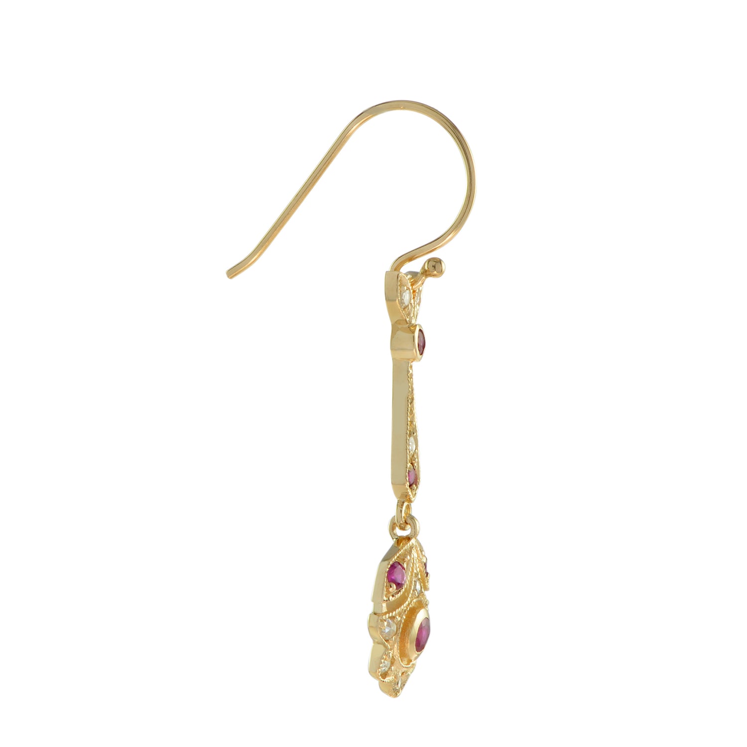 Red Pink Ruby &amp; Diamond Vintage Style Floral Drop 14K Yellow Gold Earrings