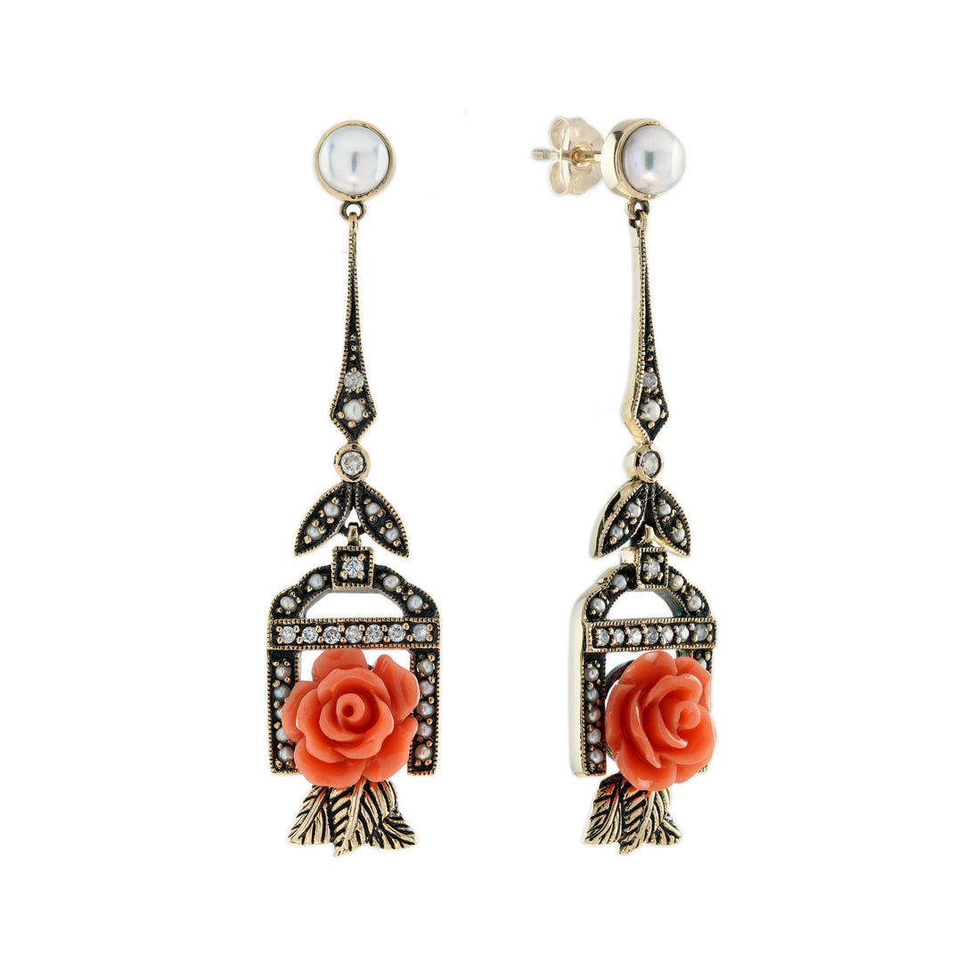 Rose Carved Coral Pearl Diamond Vintage Style Drop 9K Gold Earrings