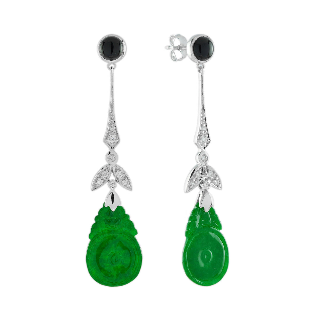 Orange Fruite Carved Jade Diamond Onyx Vintage Style 9K White Gold Earrings