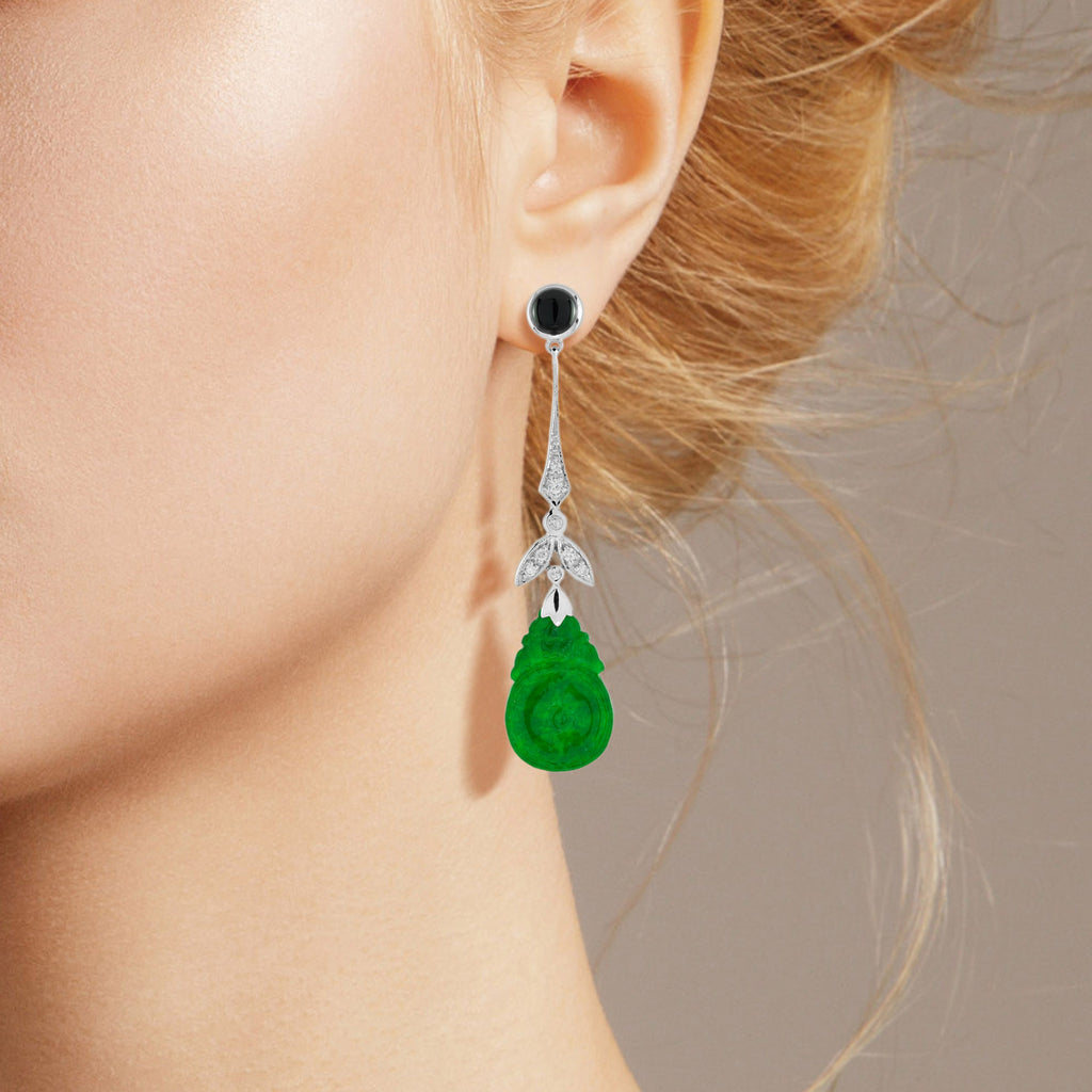 Orange Fruite Carved Jade Diamond Onyx Vintage Style 9K White Gold Earrings