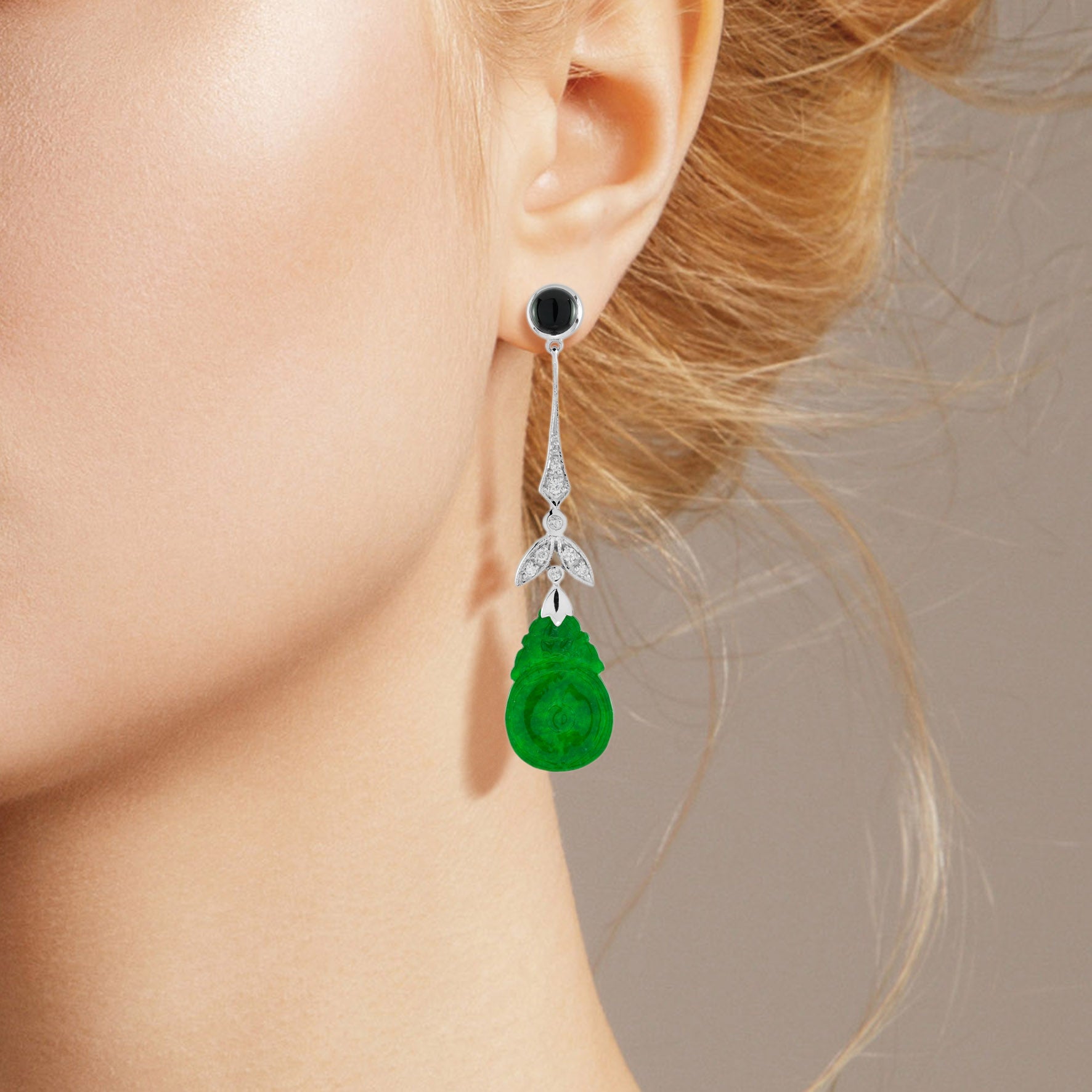 Orange Fruite Carved Jade Diamond Onyx Vintage Style 9K White Gold Earrings