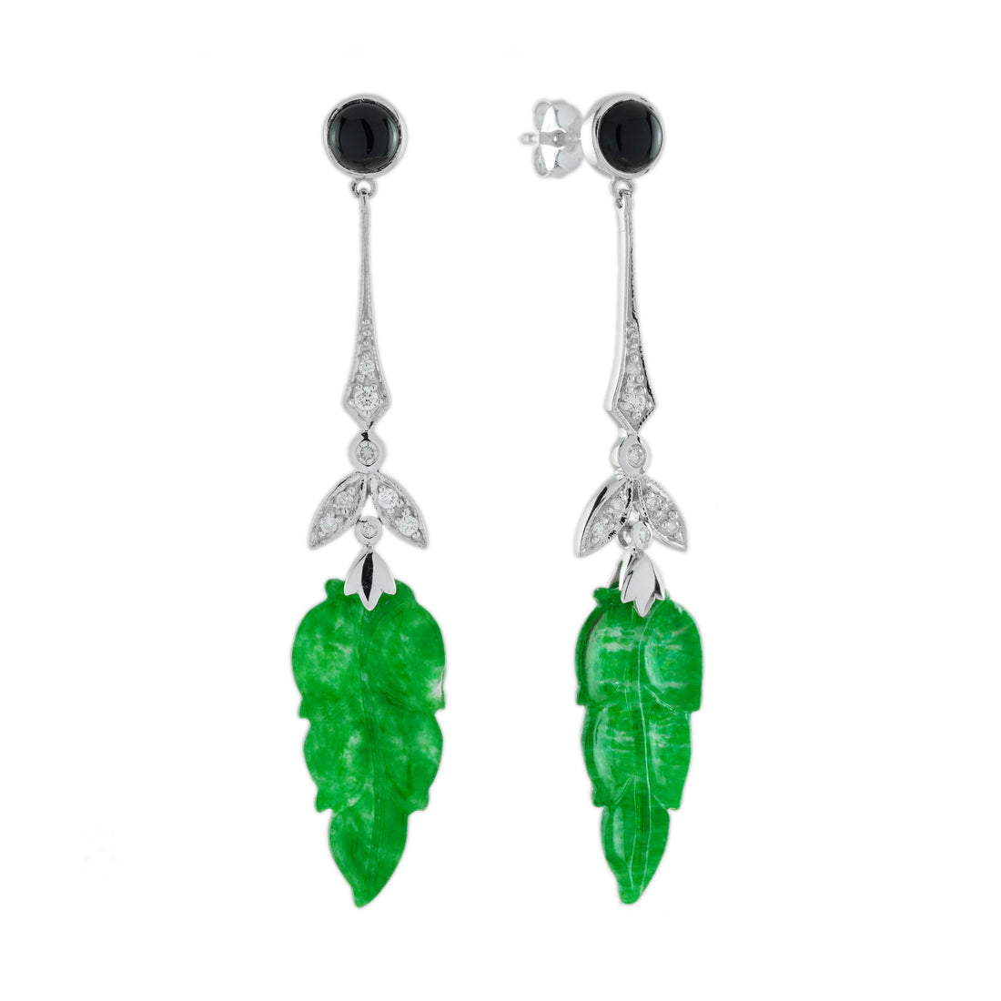 Leaf Carved Jade Diamond Onyx Vintage Style 9K White Gold Earrings