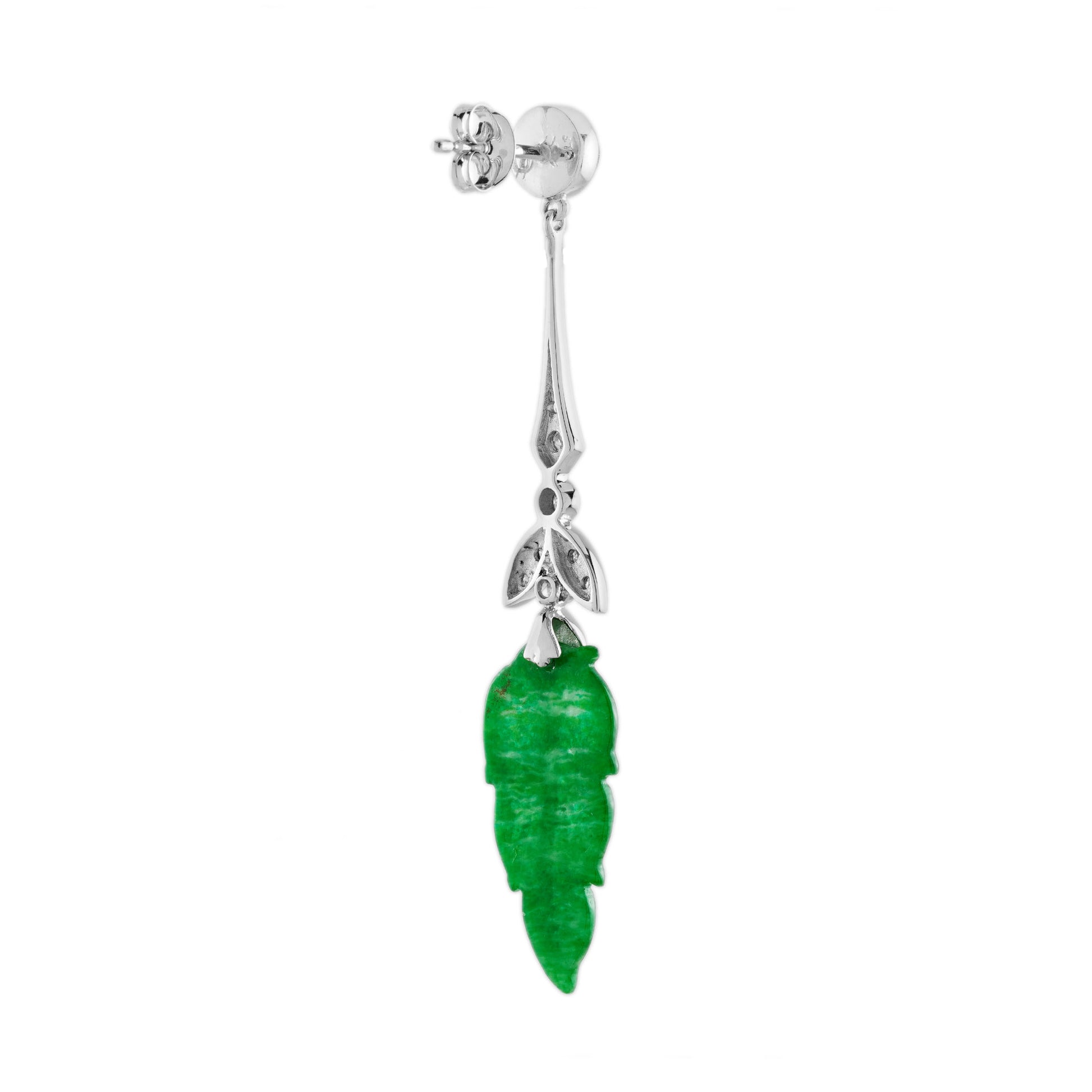 Leaf Carved Jade Diamond Onyx Vintage Style 9K White Gold Earrings