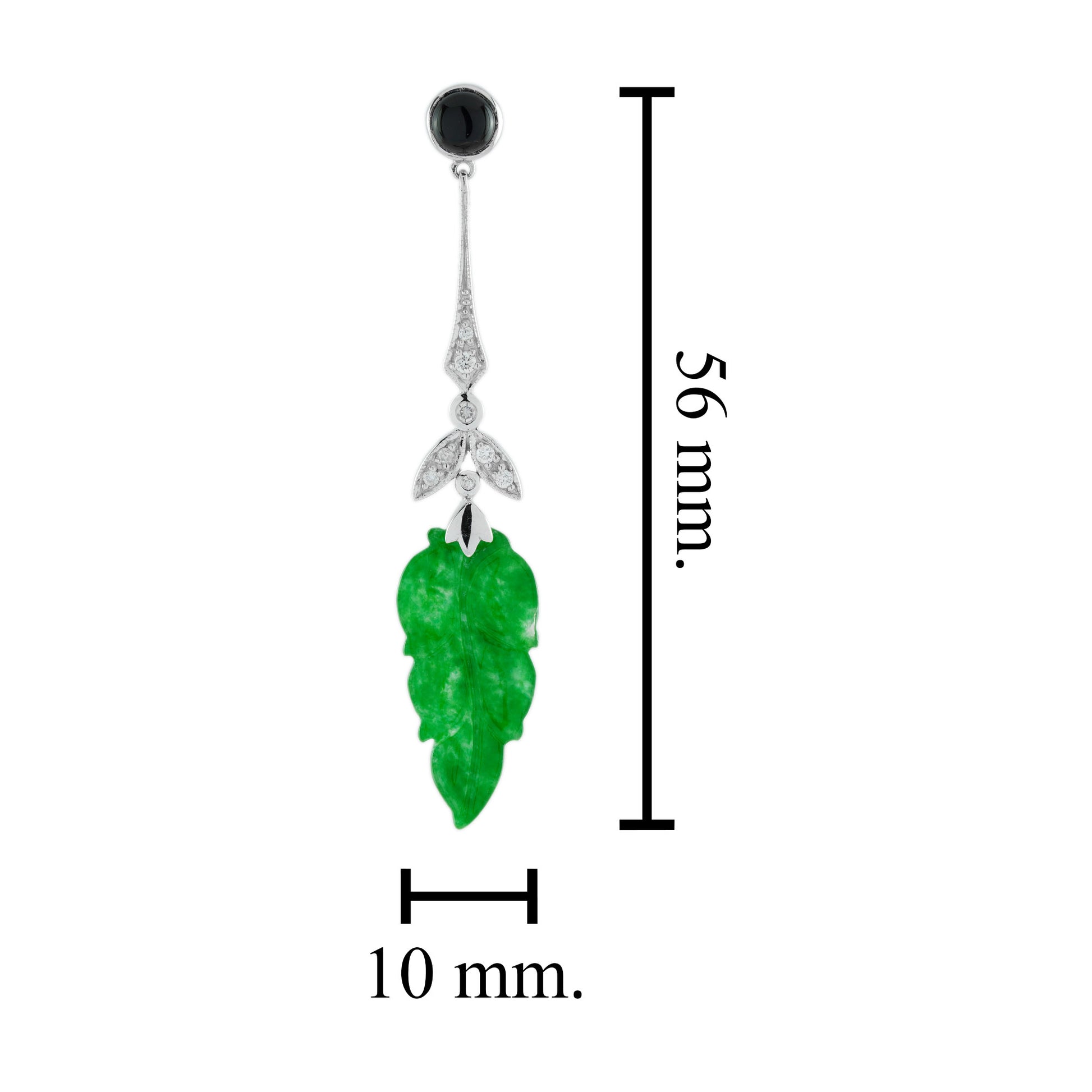 Leaf Carved Jade Diamond Onyx Vintage Style 9K White Gold Earrings