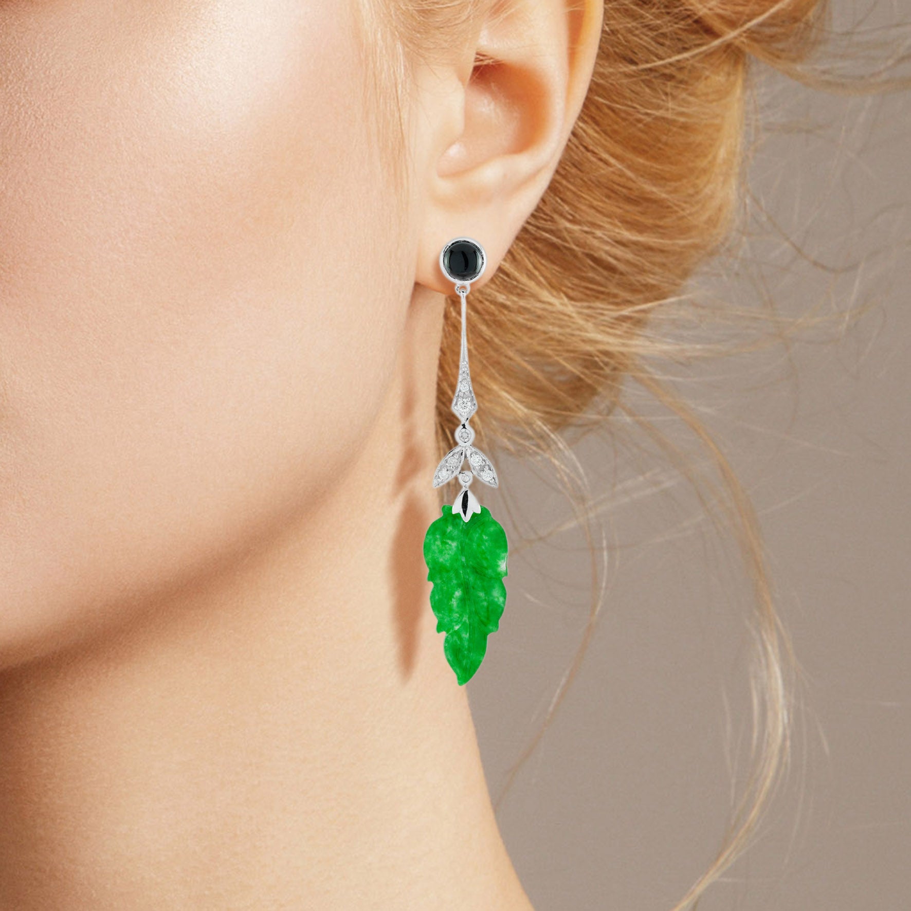 Leaf Carved Jade Diamond Onyx Vintage Style 9K White Gold Earrings