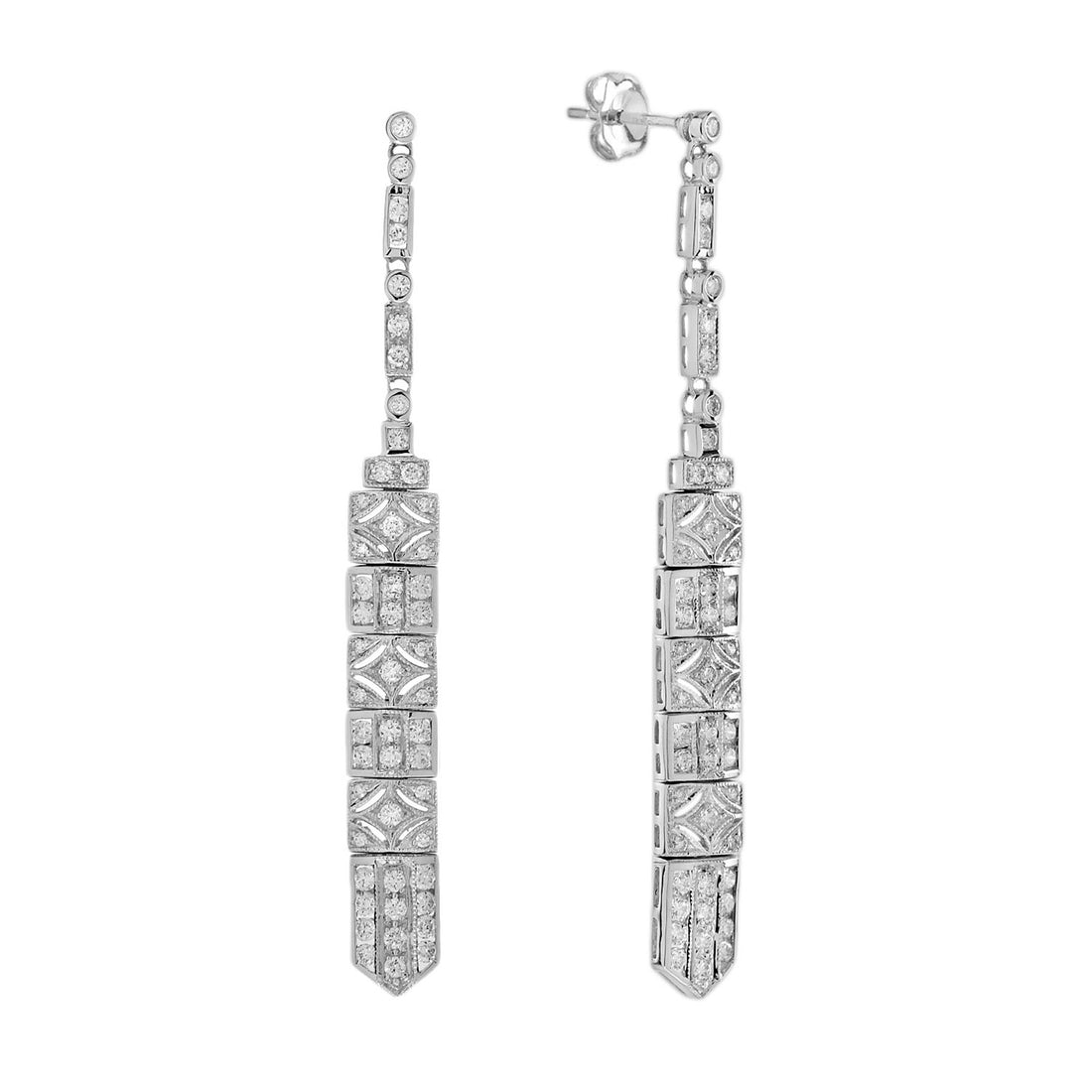 Diamond Art Deco Inspired Style Bar Dangle 14K White Gold Dangle Drop Earrings