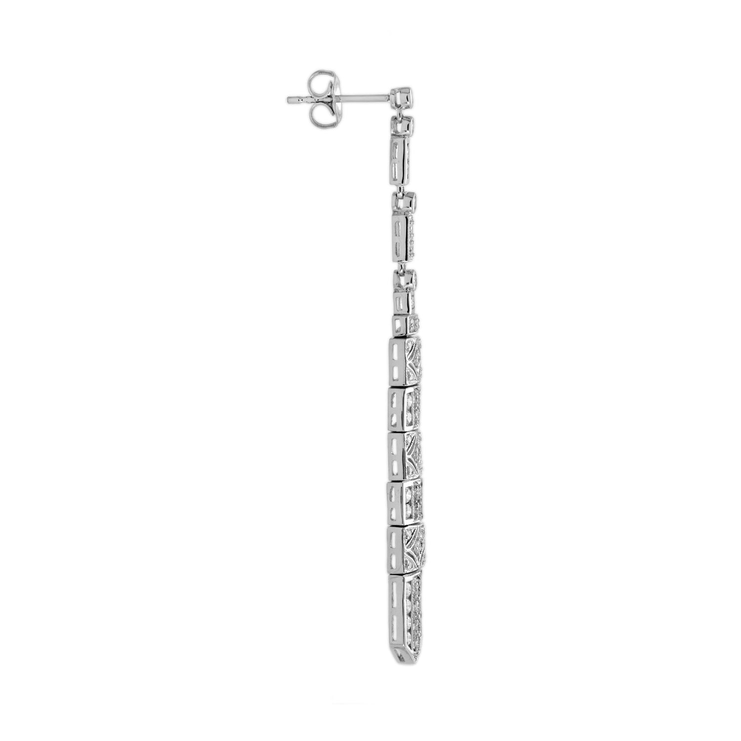 Diamond Art Deco Inspired Style Bar Dangle 14K White Gold Dangle Drop Earrings