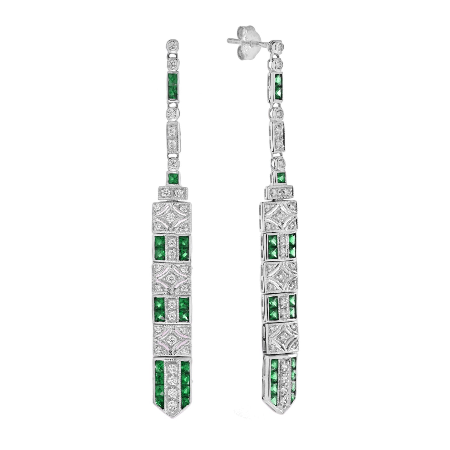 art deco inspired style green emerald & diamond drop dangle white gold earrings