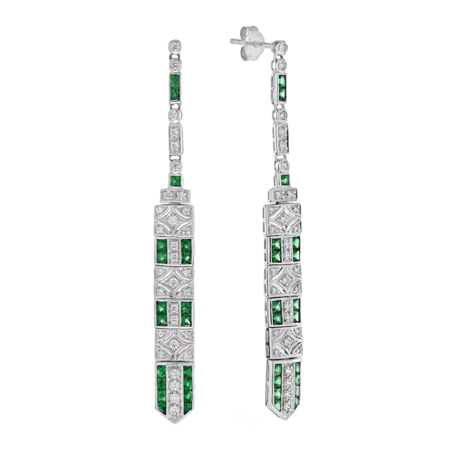 Art Deco Inspired Style Green Emerald &amp; Diamond Drop Dangle White Gold Earrings
