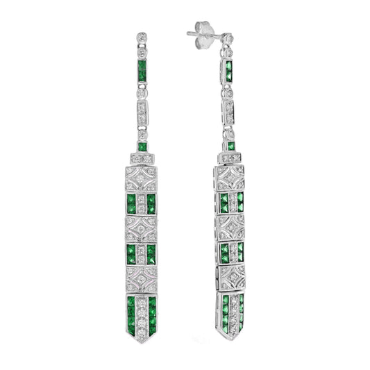 Art Deco Inspired Style Green Emerald & Diamond Drop Dangle White Gold Earrings