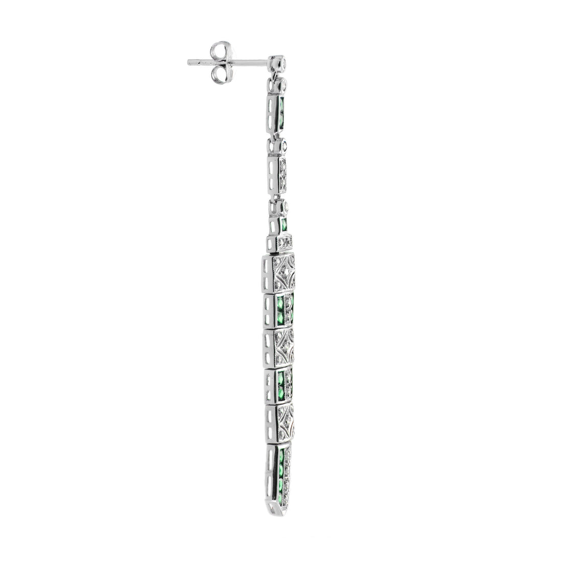 Green Emerald &amp; Diamond Art Deco Style Dangle White Gold Earrings