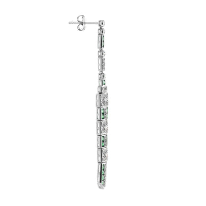 Green Emerald &amp; Diamond Art Deco Style Dangle White Gold Earrings