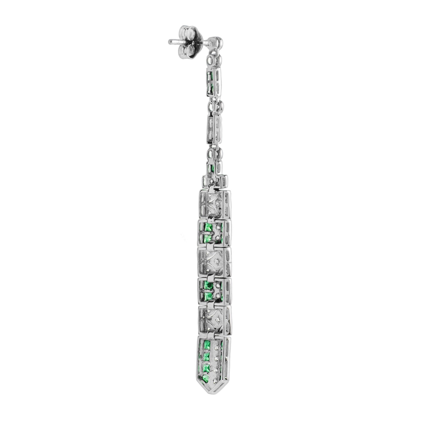 art deco inspired style green emerald & diamond drop dangle white gold earrings