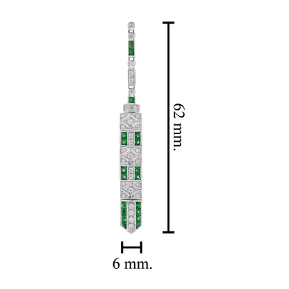 Art Deco Inspired Style Green Emerald & Diamond Drop Dangle White Gold Earrings
