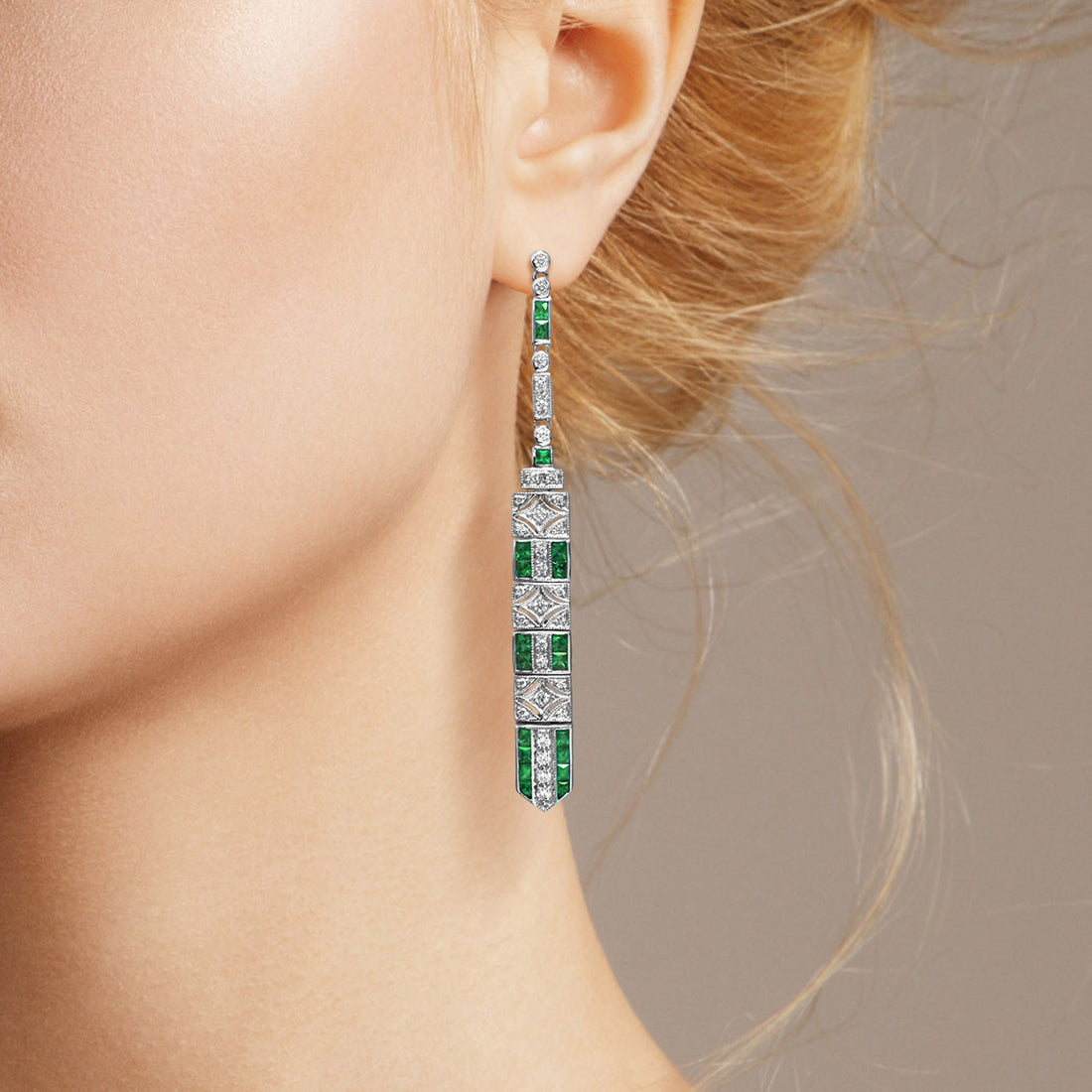 Art Deco Inspired Style Green Emerald &amp; Diamond Drop Dangle White Gold Earrings