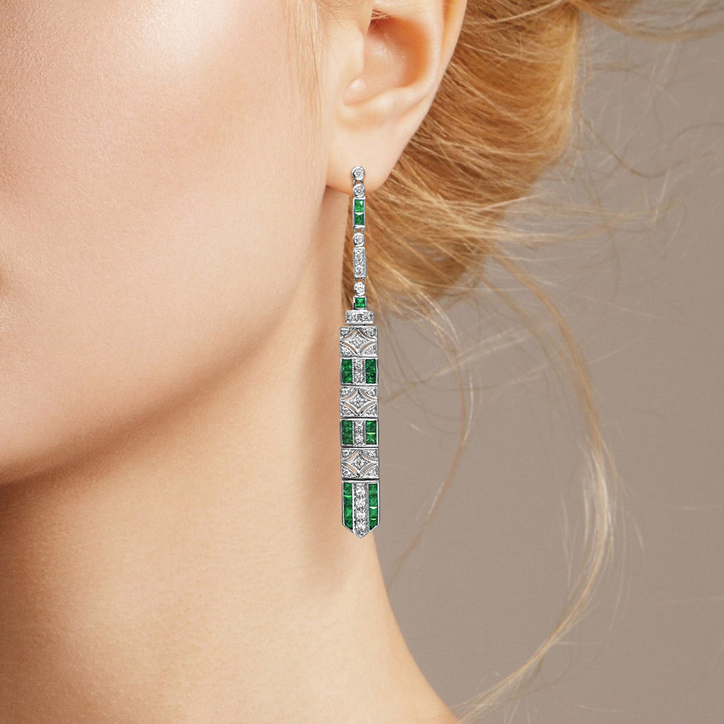 art deco inspired style green emerald & diamond drop dangle white gold earrings