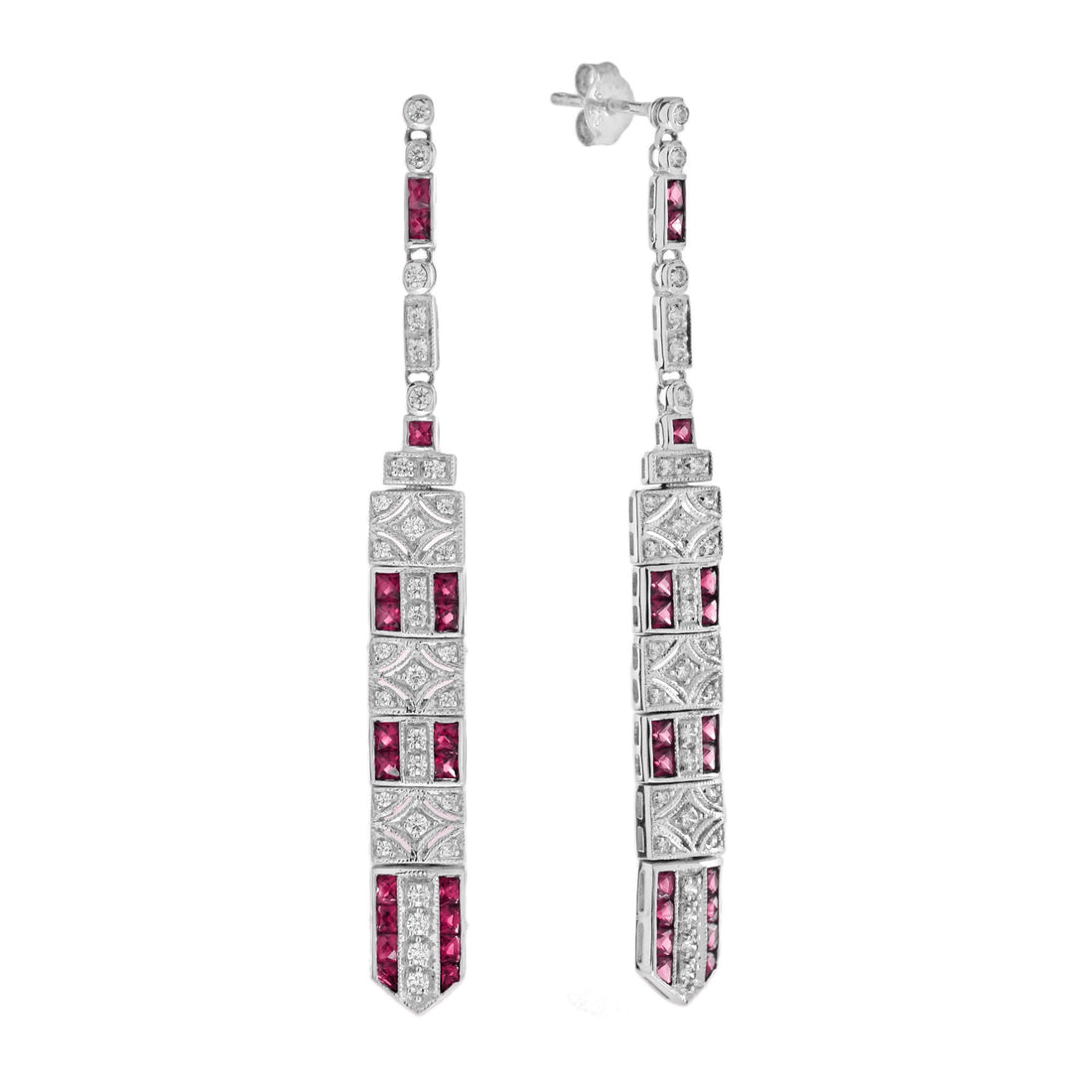 Diamond & Ruby Art Deco Inspired Style Bar Drop 14K White Gold Dangle Earrings