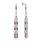 2.64 ctw Art Deco Vintage Inspired Style Ruby & Diamond Dangle Earrings 14K White Gold