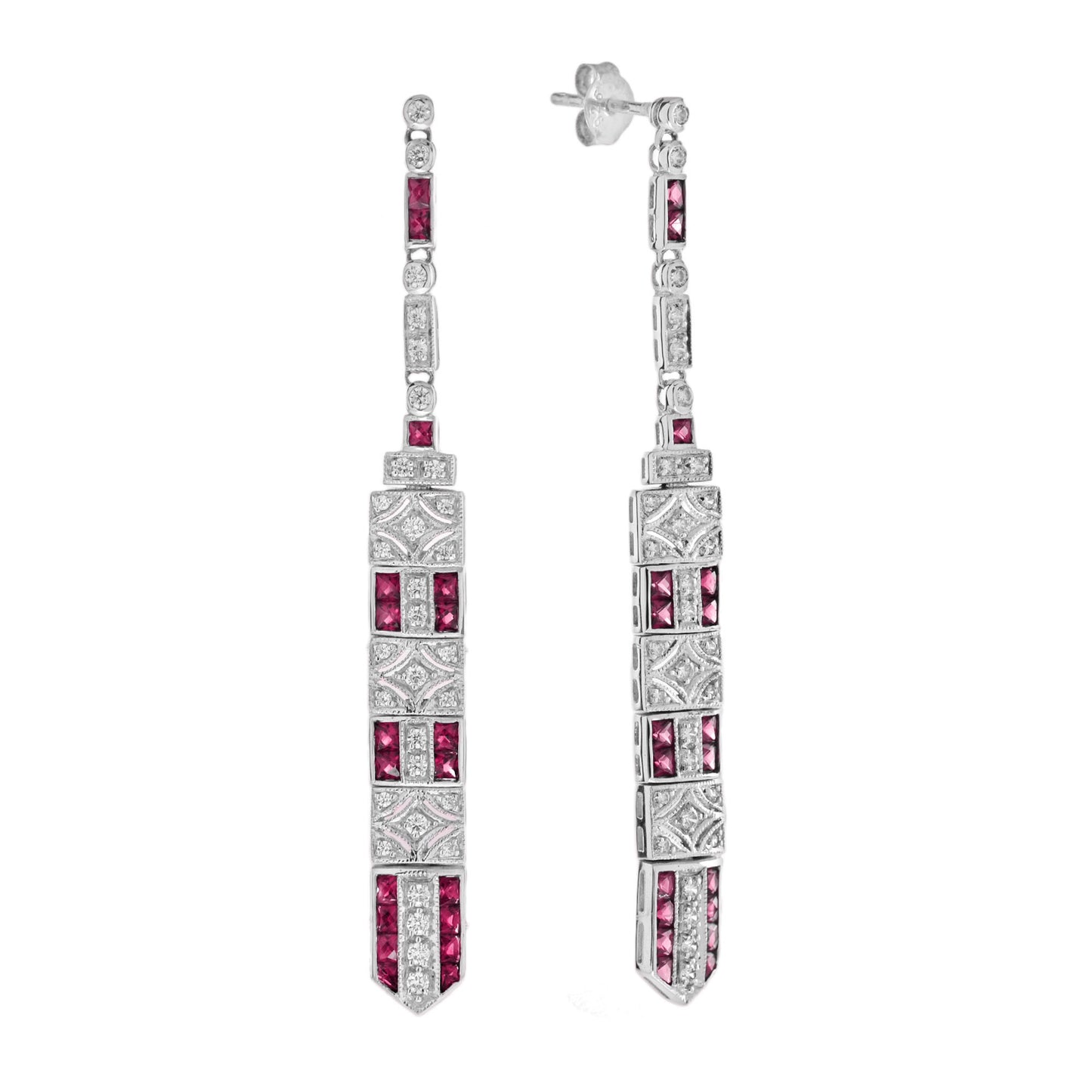 diamond & ruby art deco inspired style bar drop 14k white gold dangle earrings