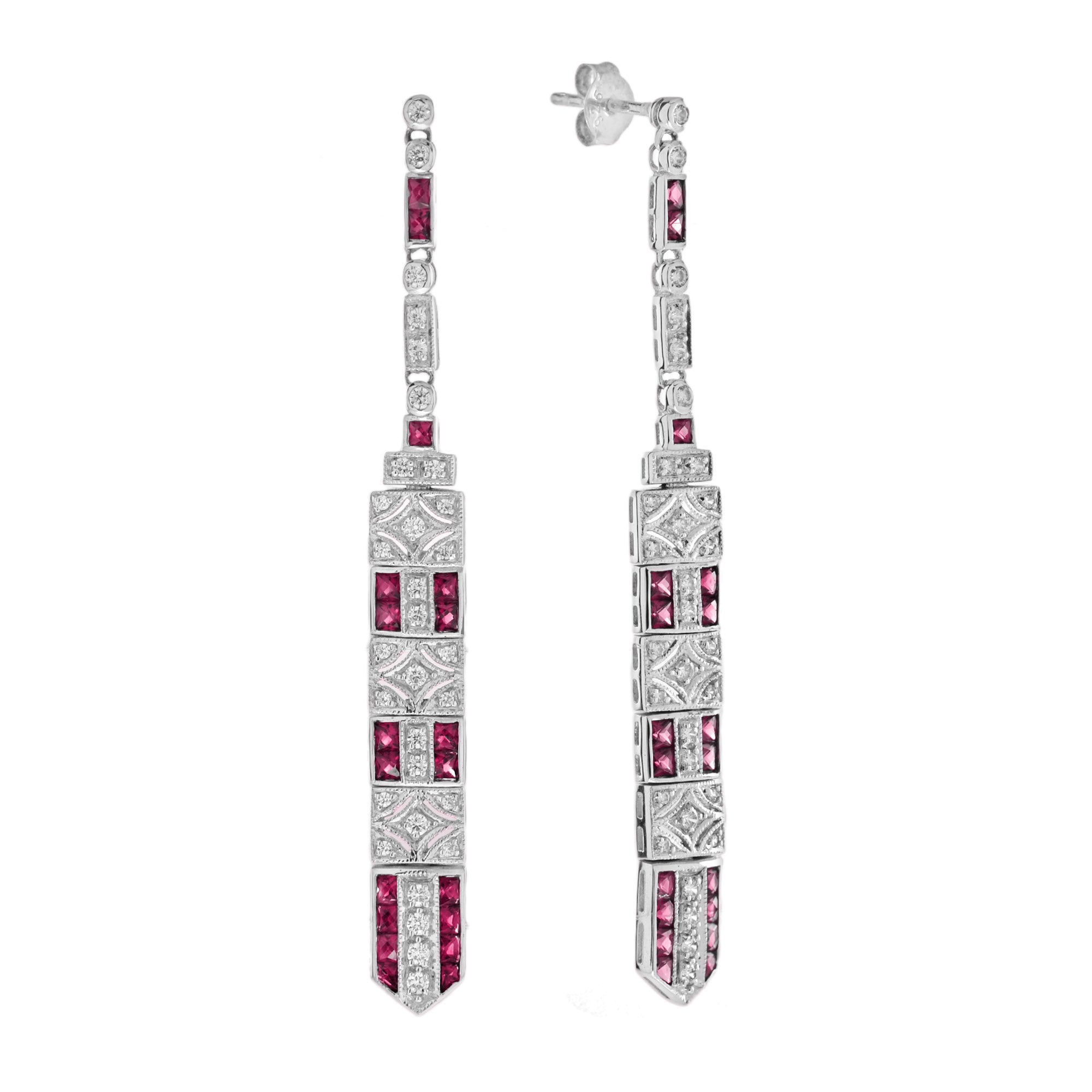 Diamond &amp; Ruby Art Deco Inspired Style Bar Drop 14K White Gold Dangle Earrings