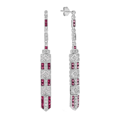 Diamond & Ruby Art Deco Inspired Style Bar Drop 14K White Gold Dangle Earrings