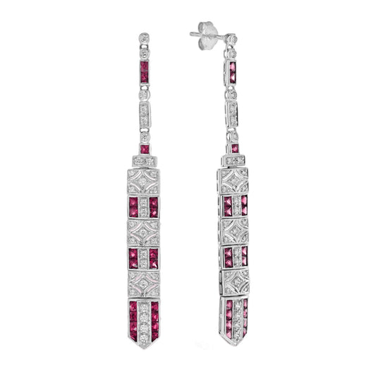 Diamond & Ruby Art Deco Inspired Style Bar Drop 14K White Gold Dangle Earrings