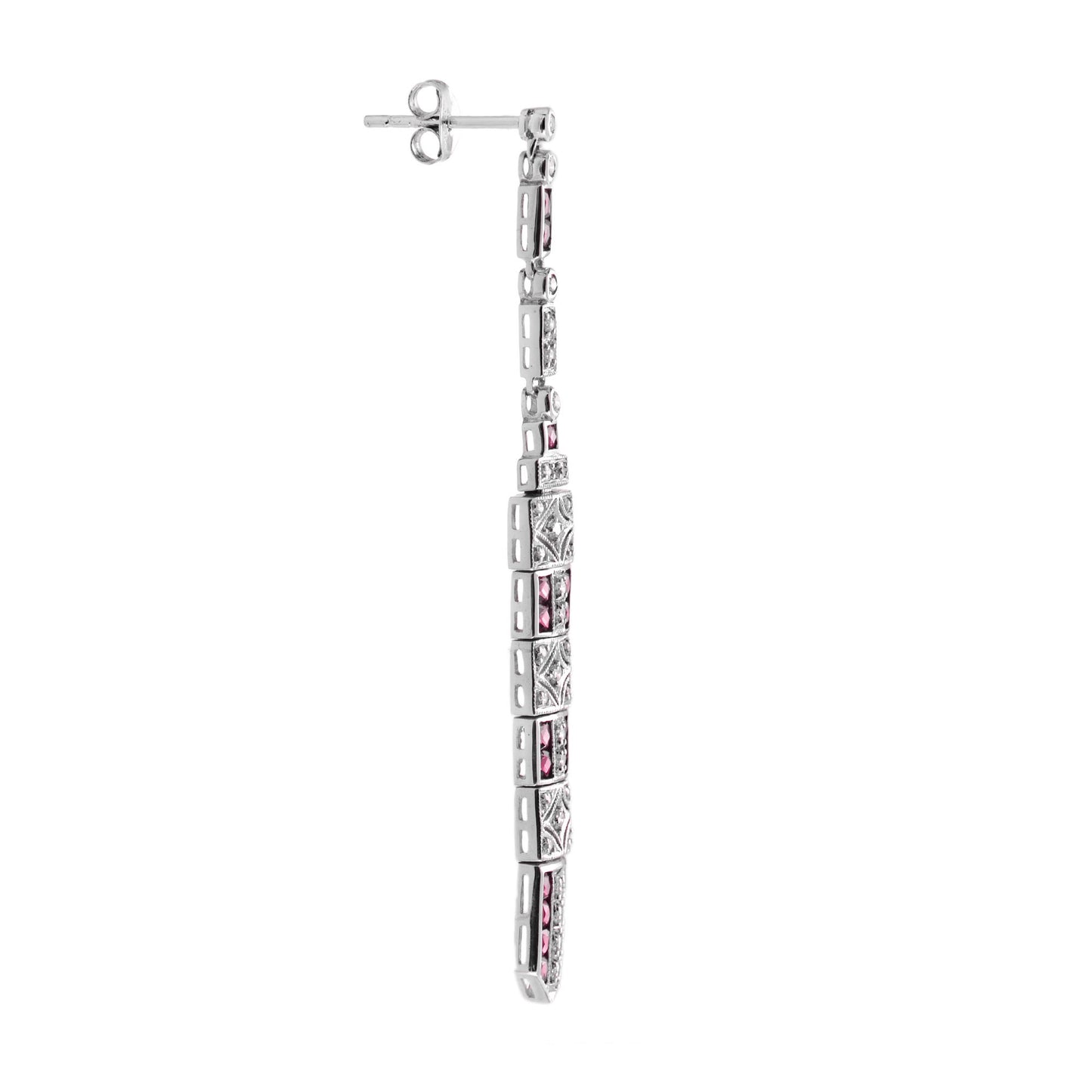 diamond & ruby art deco inspired style bar drop 14k white gold dangle earrings