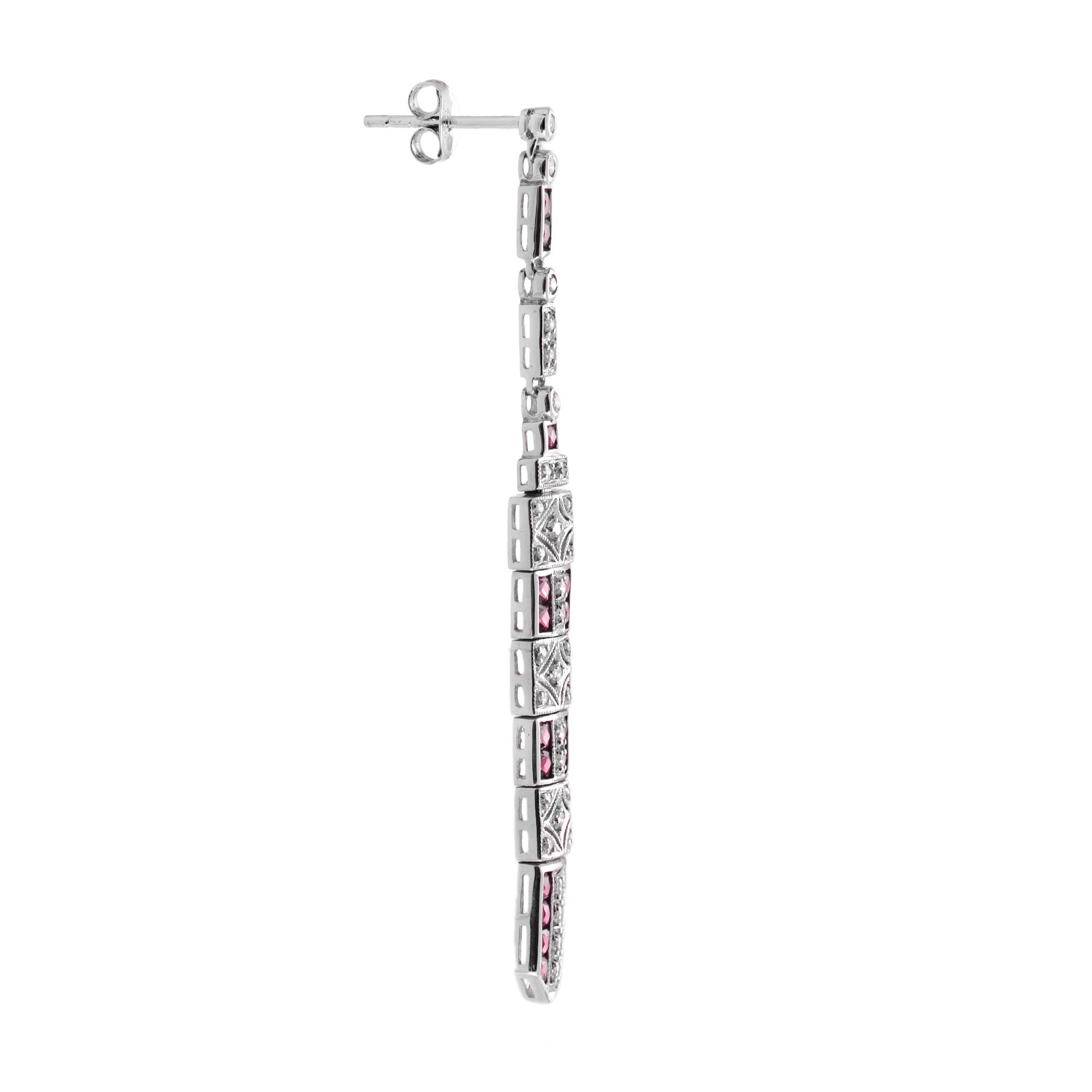 Diamond &amp; Ruby Art Deco Inspired Style Bar Drop 14K White Gold Dangle Earrings
