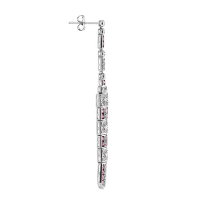 Diamond & Ruby Art Deco Inspired Style Bar Drop 14K White Gold Dangle Earrings