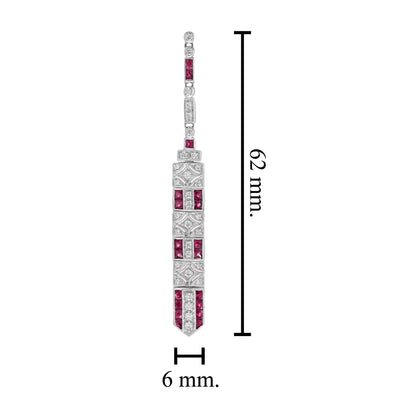 Diamond & Ruby Art Deco Inspired Style Bar Drop 14K White Gold Dangle Earrings