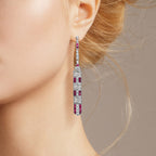 Diamond & Ruby Art Deco Inspired Style Bar Drop 14K White Gold Dangle Earrings