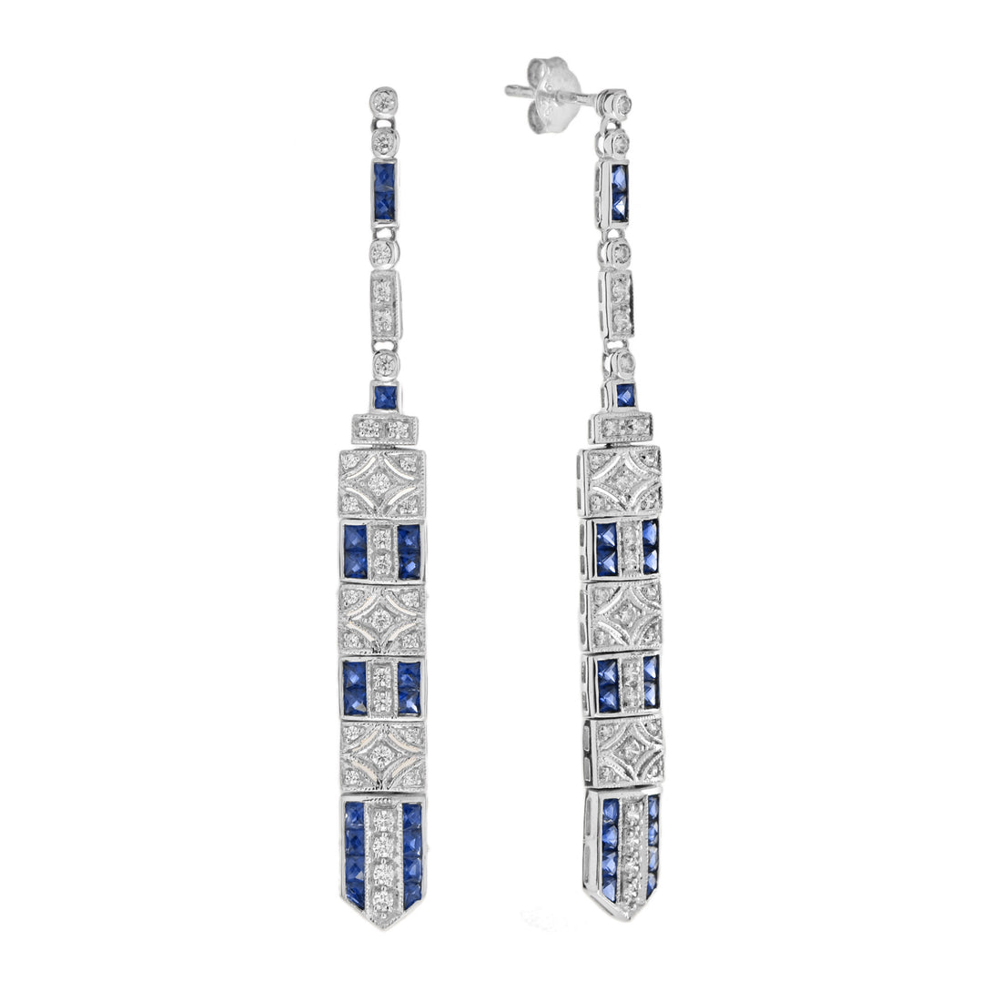 Diamond &amp; Blue Sapphire Art Deco Style Bar Drop White Gold Dangle Drop Earrings