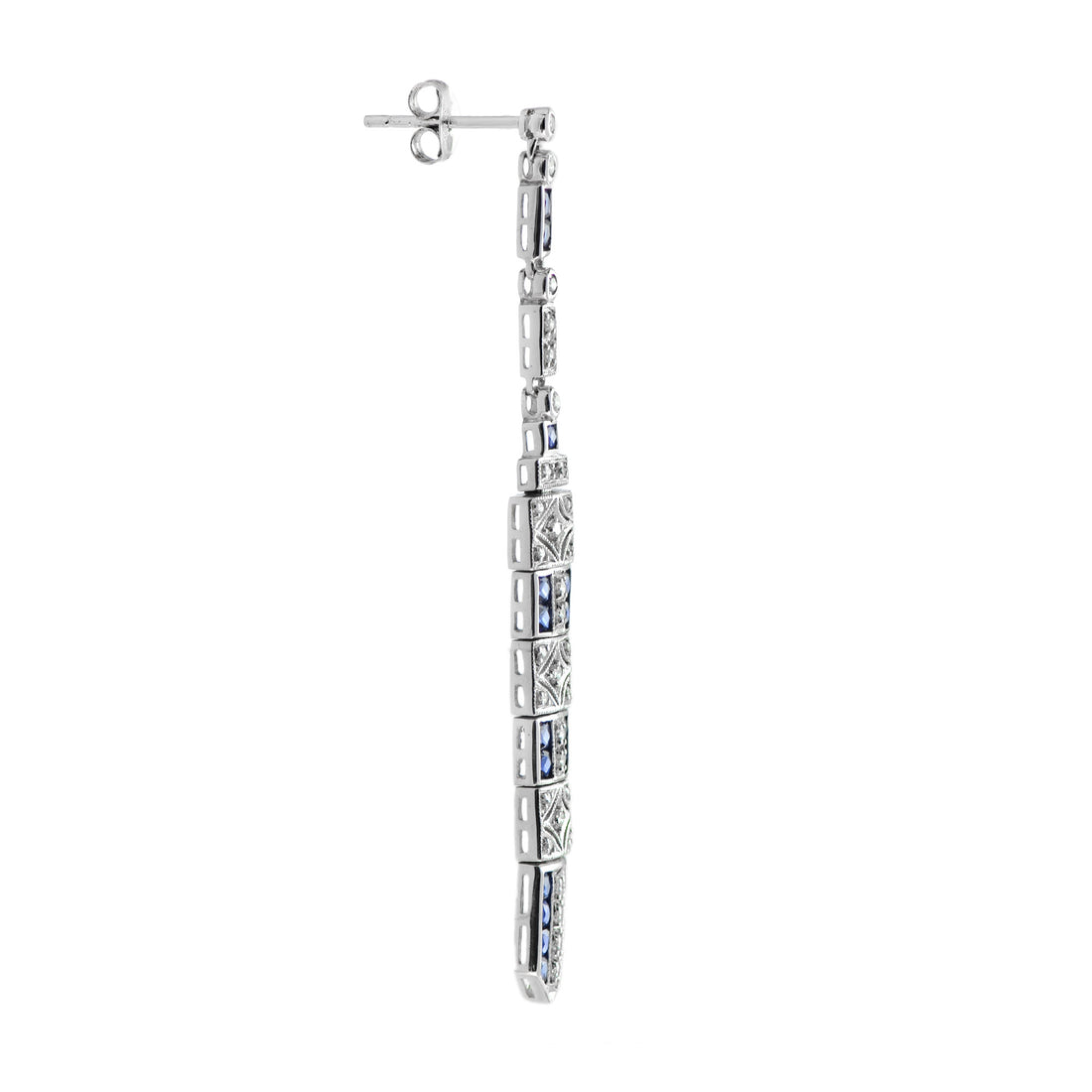 Diamond &amp; Blue Sapphire Art Deco Style Bar Drop White Gold Dangle Drop Earrings