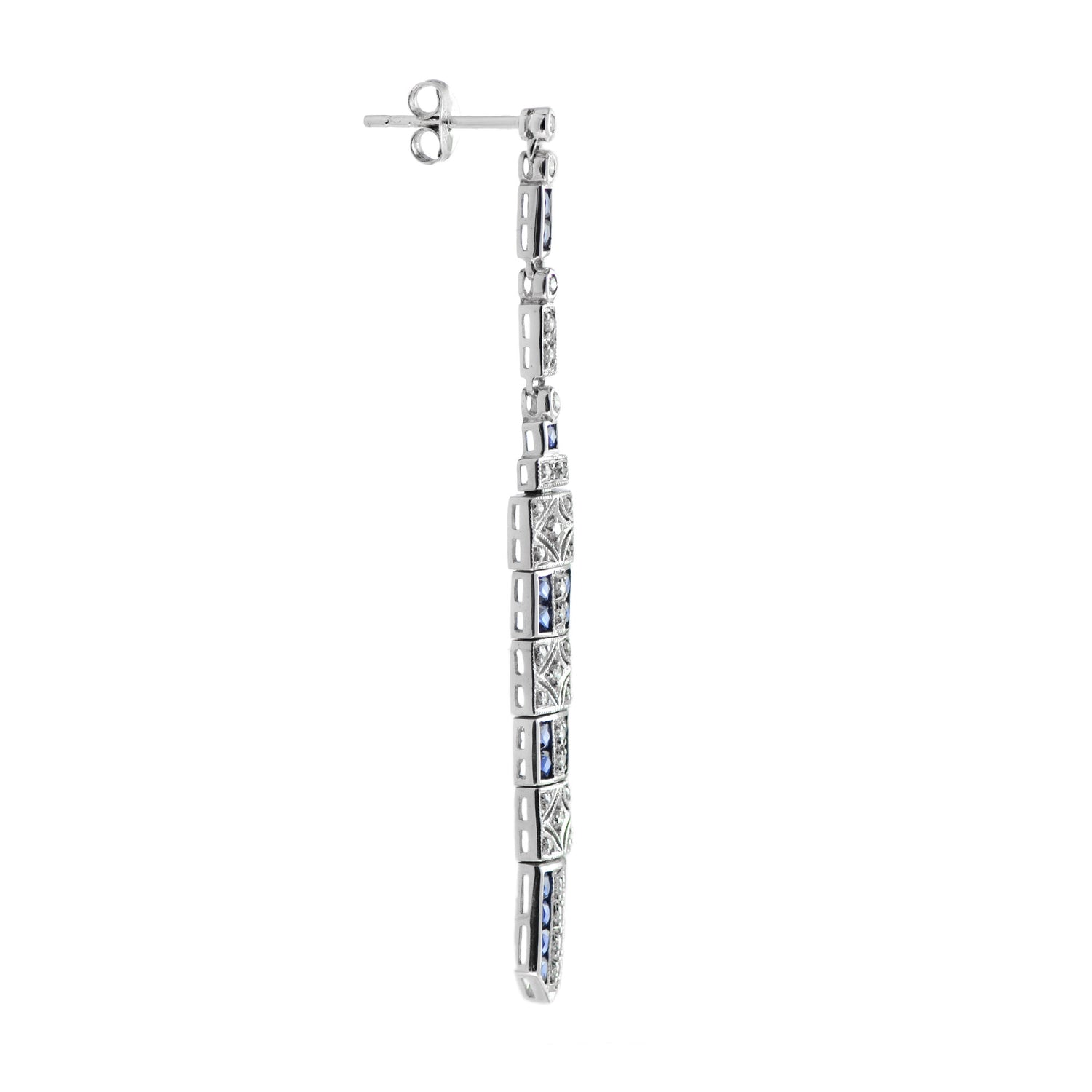 Diamond &amp; Blue Sapphire Art Deco Style Bar Drop White Gold Dangle Drop Earrings