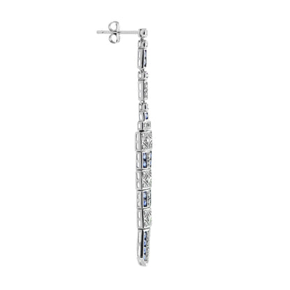 Diamond &amp; Blue Sapphire Art Deco Style Bar Drop White Gold Dangle Drop Earrings