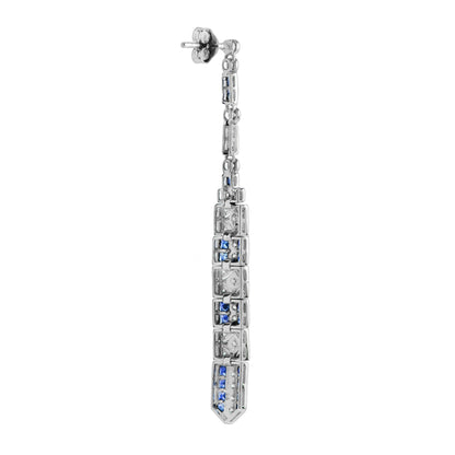 Diamond &amp; Blue Sapphire Art Deco Style Bar Drop White Gold Dangle Drop Earrings