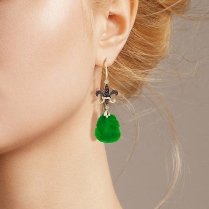 Swan Carved Jade Ruby Diamond Vintage Style Dangle 9K Gold Earrings