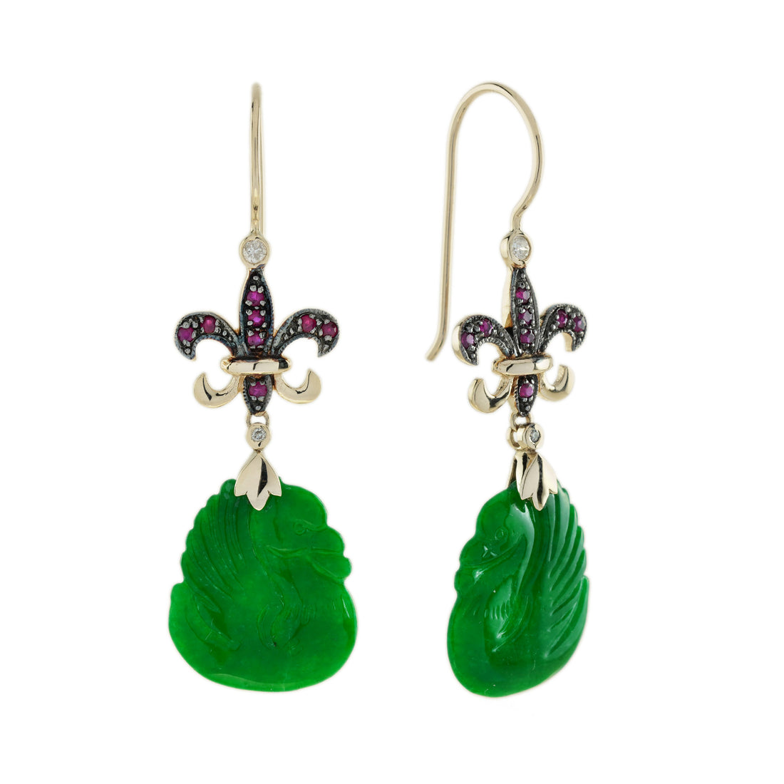 Swan Carved Jade Ruby Diamond Vintage Style Dangle 9K Gold Earrings