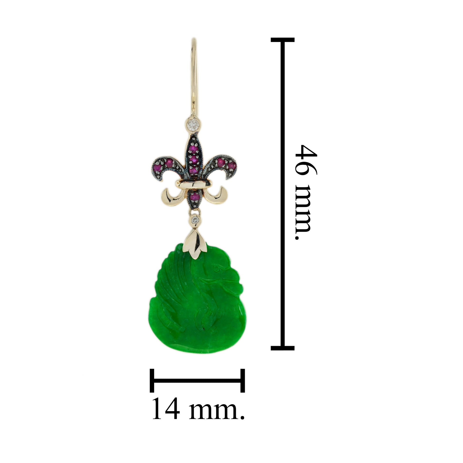 Swan Carved Jade Ruby Diamond Vintage Style Dangle 9K Gold Earrings